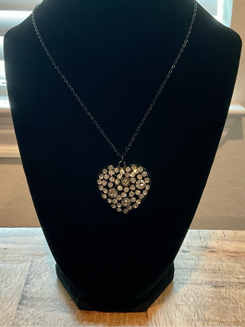 Crystal Heart Pendant Necklace - Black Chain